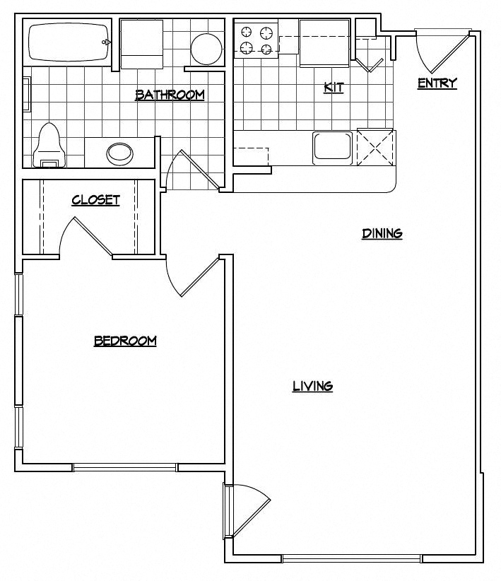 Floor plan for 1 bed, 1 bath, 755 sqft